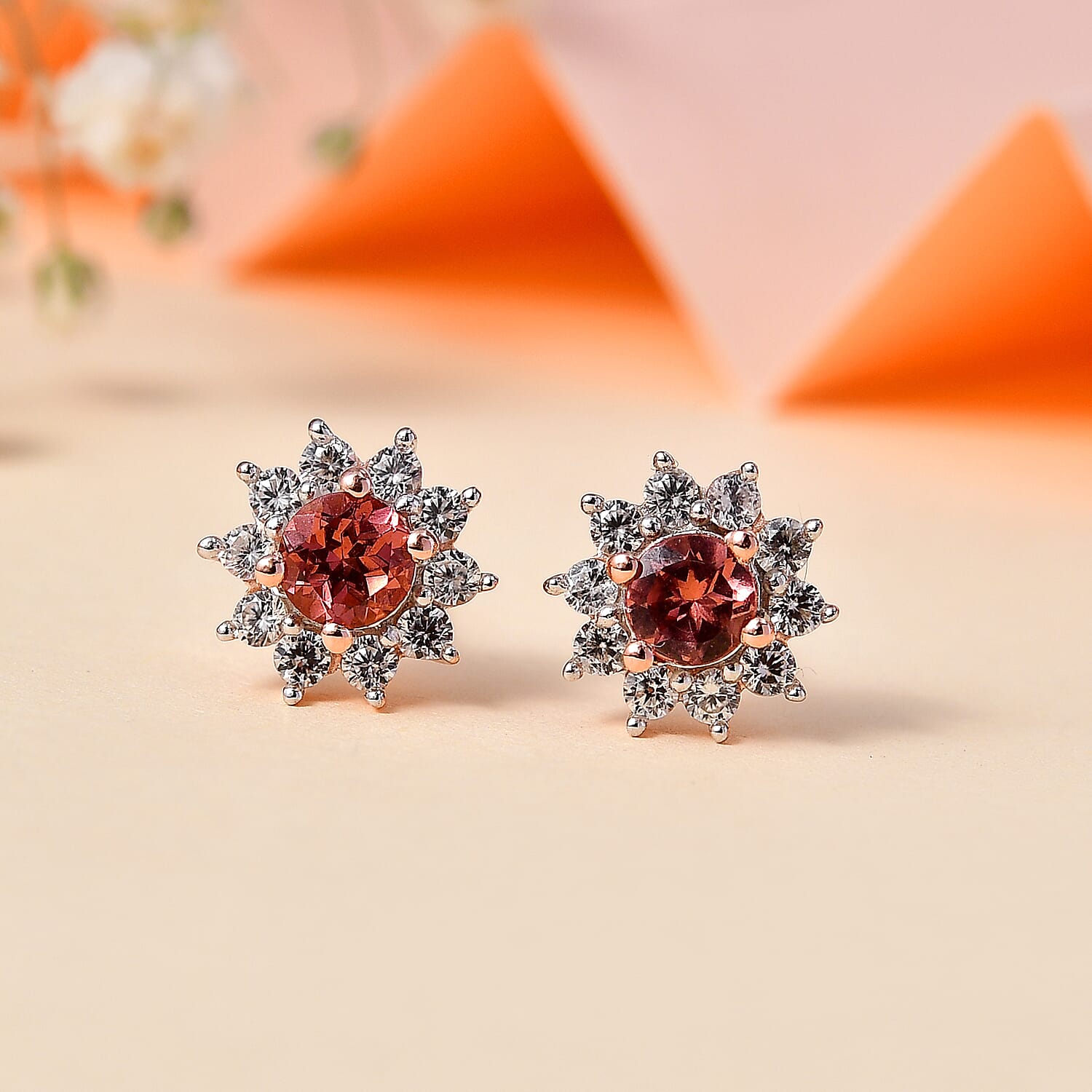 Tanzanian Blush Garnet & Natural Zircon Stud Earrings in 18K RG Vermeil Plated Sterling Silver 1.30 Ct