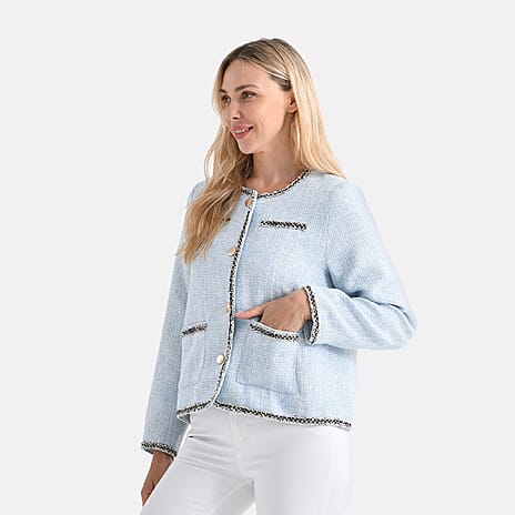 - Maisi Tweed Jacket with Contrast Trim (Size L) - Blue