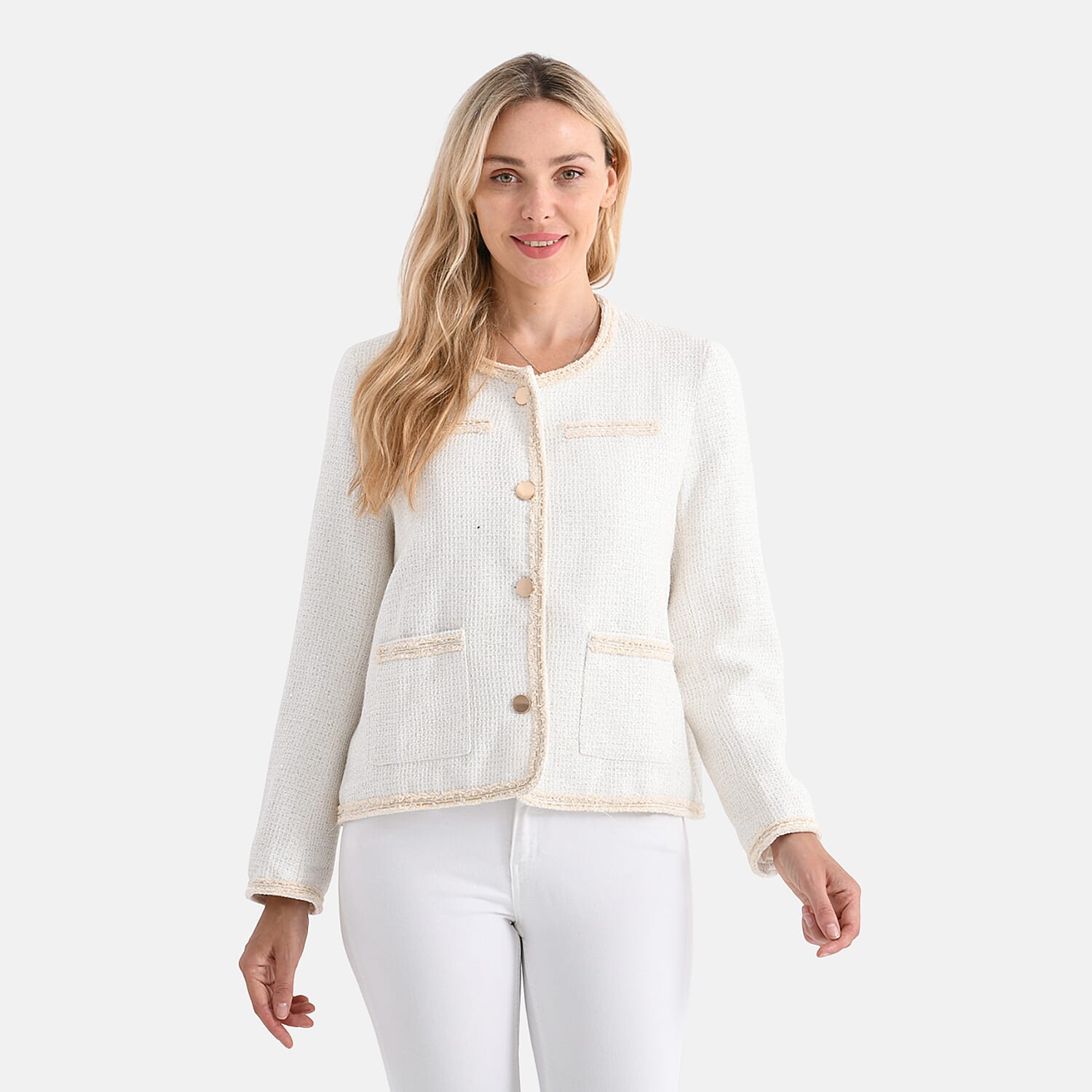 La Marey Tweed Long Sleeve Buttoned Blazer (Size 12 To 14) - White
