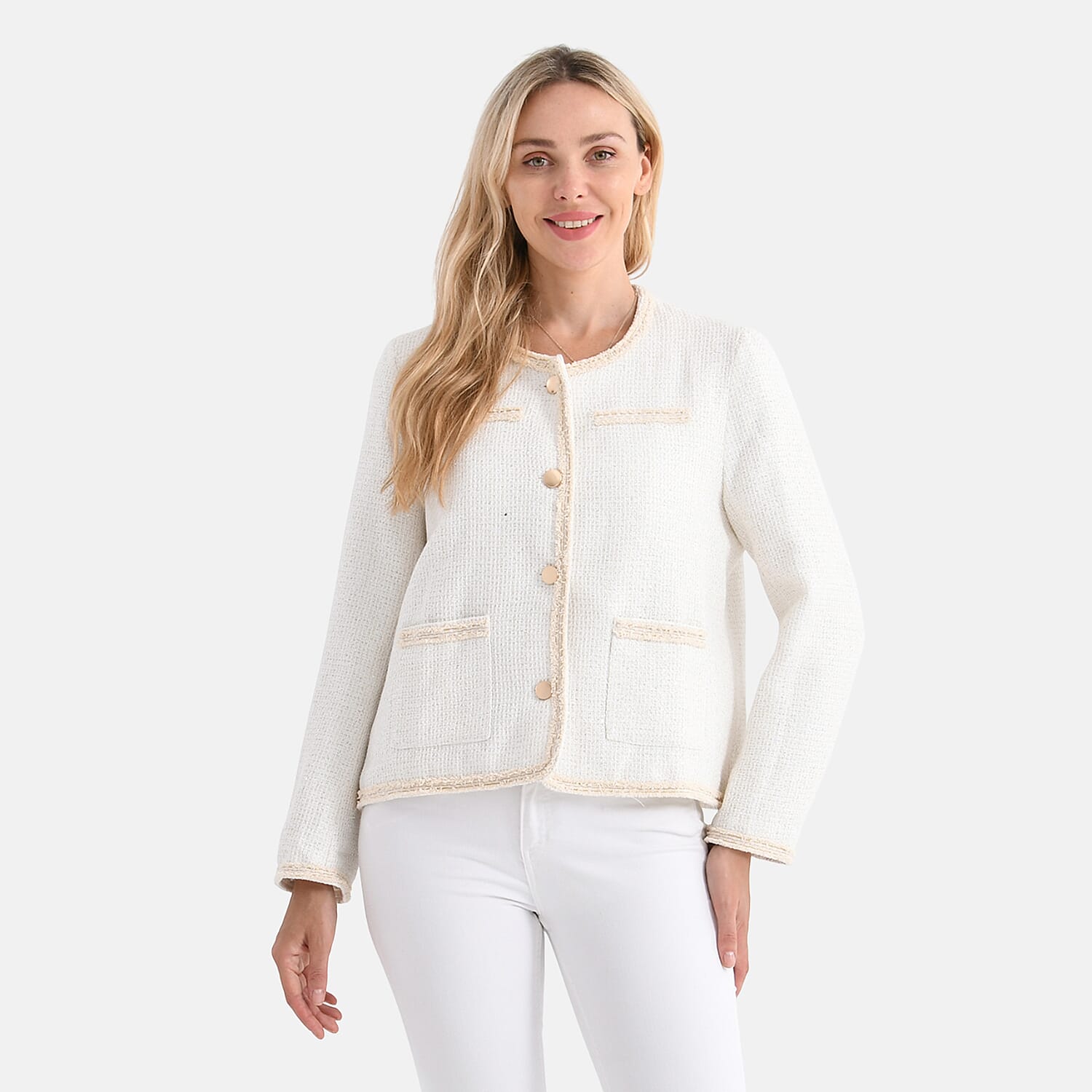 La Marey Tweed Long Sleeve Buttoned Blazer (Size 12 To 14) - White