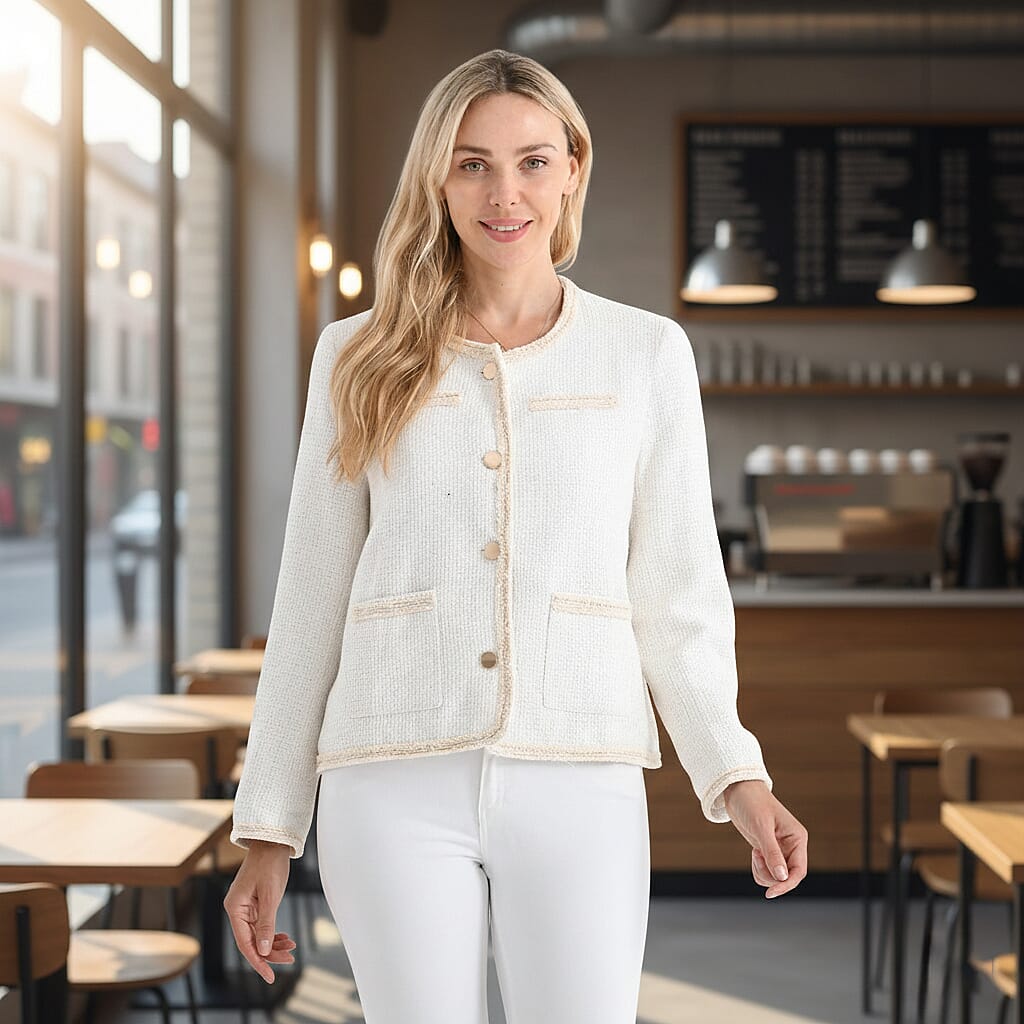 La Marey Tweed Long Sleeve Buttoned Blazer (Size 16 To 18) - White