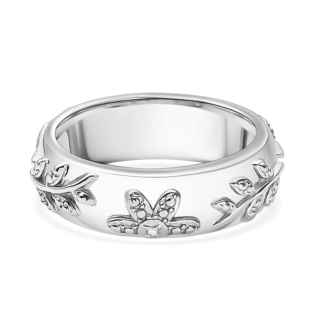Diamond Floral Band Ring in Silver Tone