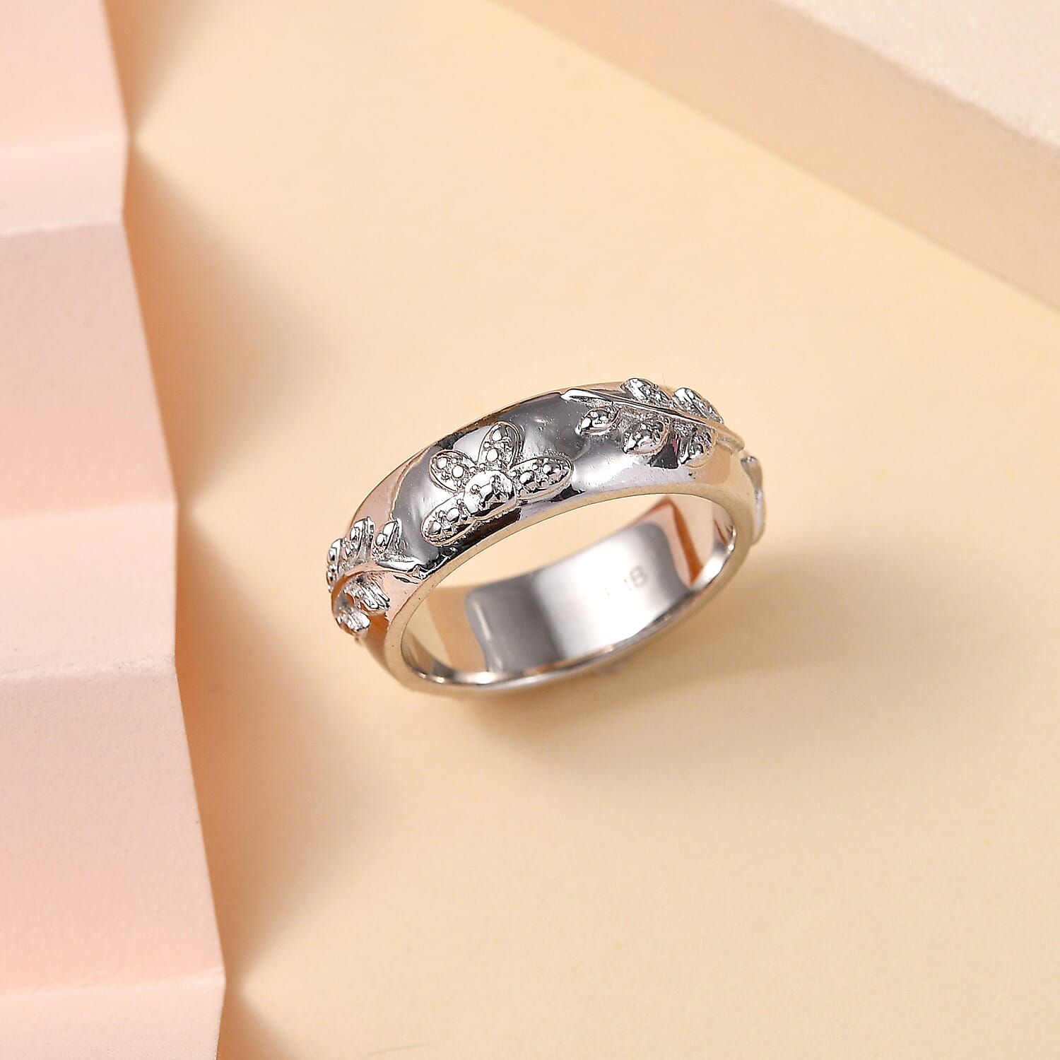 Diamond Floral Band Ring in Silver Tone