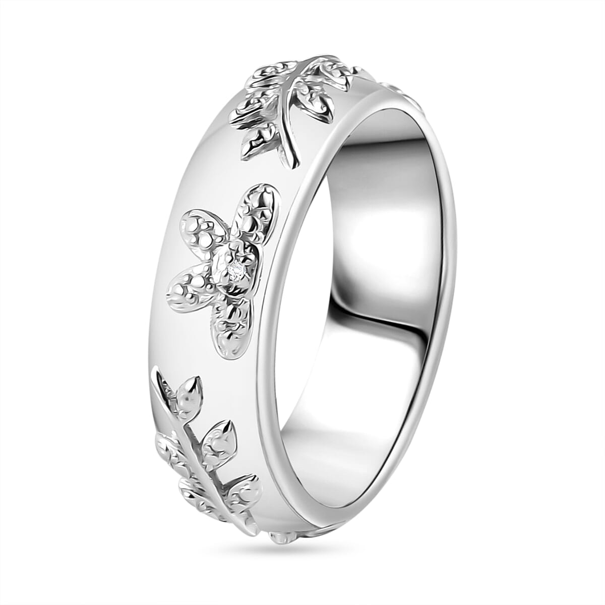 Diamond Floral Band Ring in Silver Tone