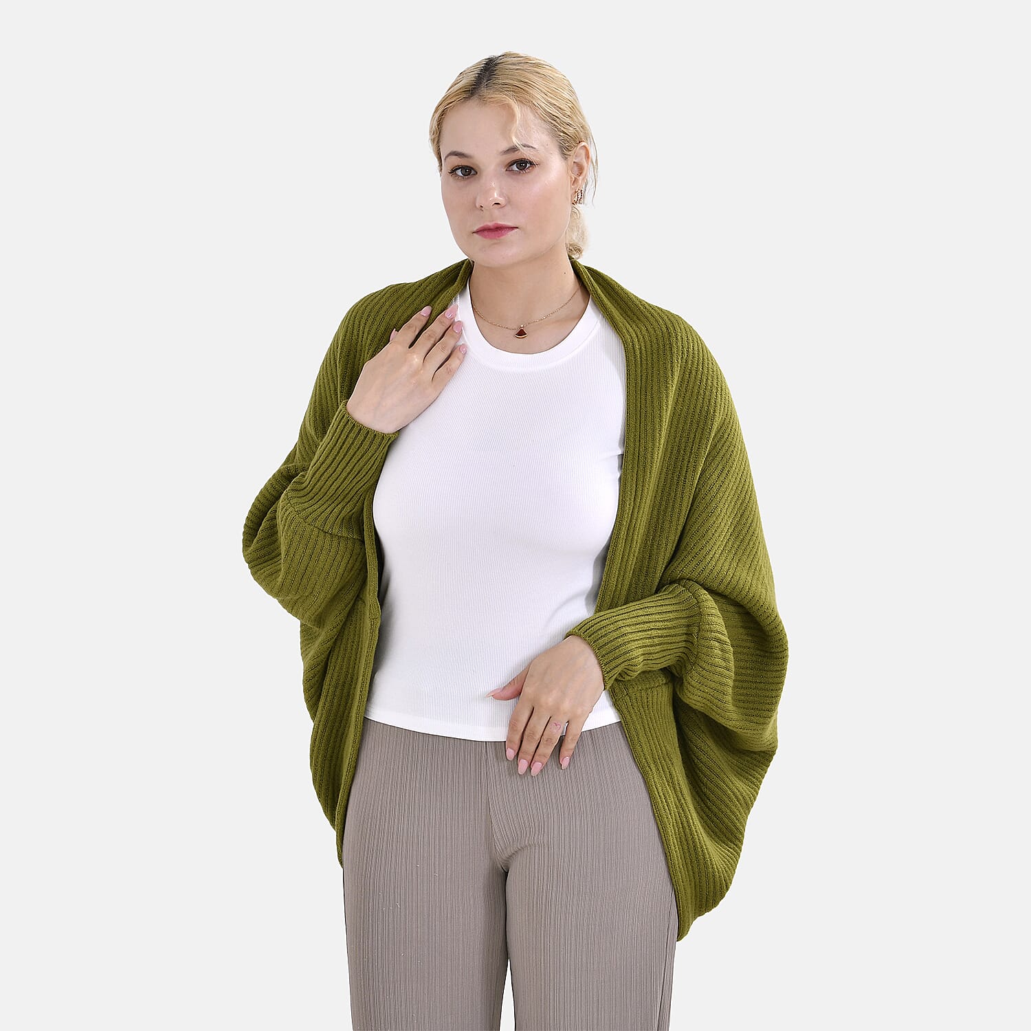 Tamsy Acrylic Solid Cardigan (Size 76x1 cm) - Green & Green