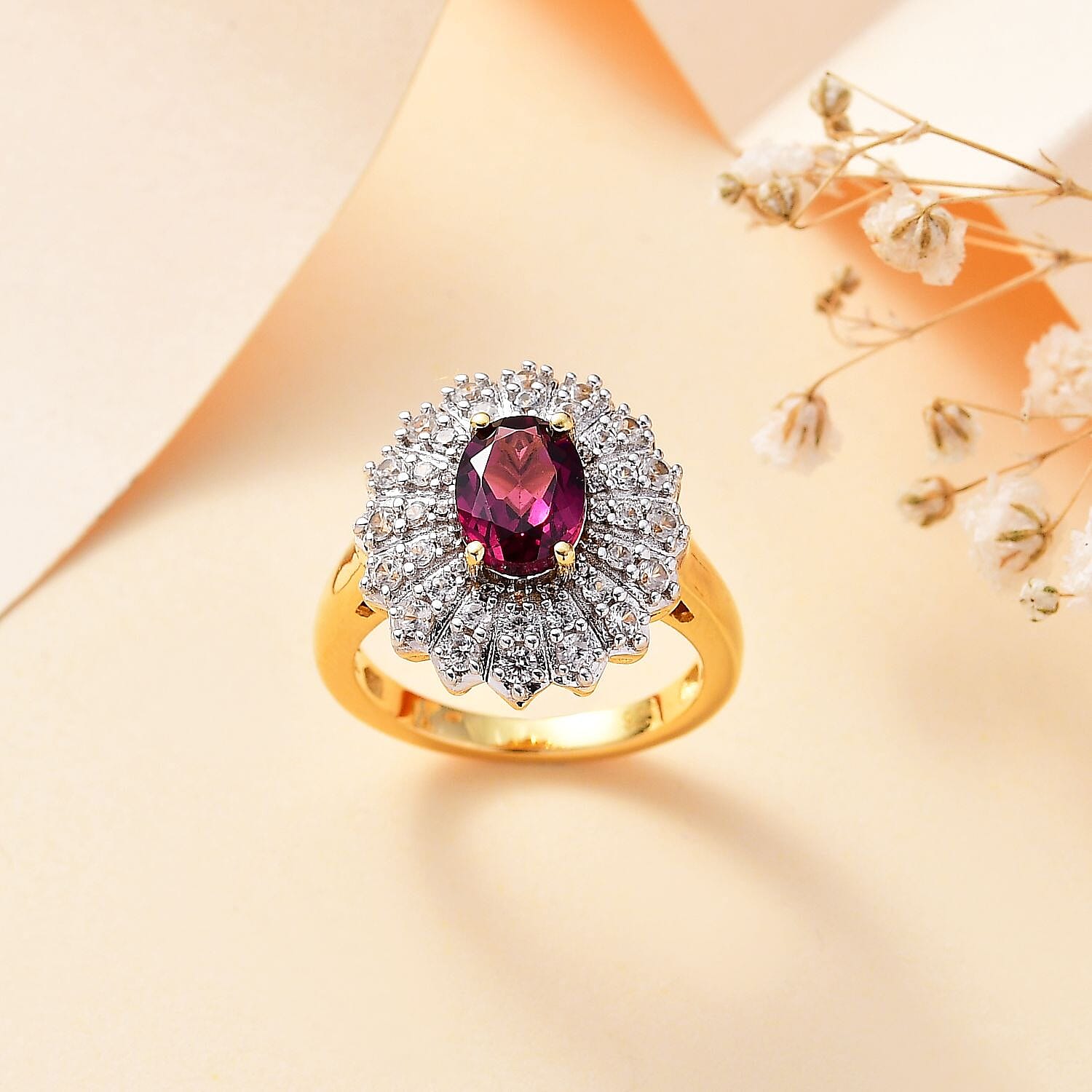 Tony Diniz Collection - Natural Ember Garnet & Natural White Zircon Ring in 18K Vermeil Yellow Gold Plated Sterling Silver 2.70 Ct