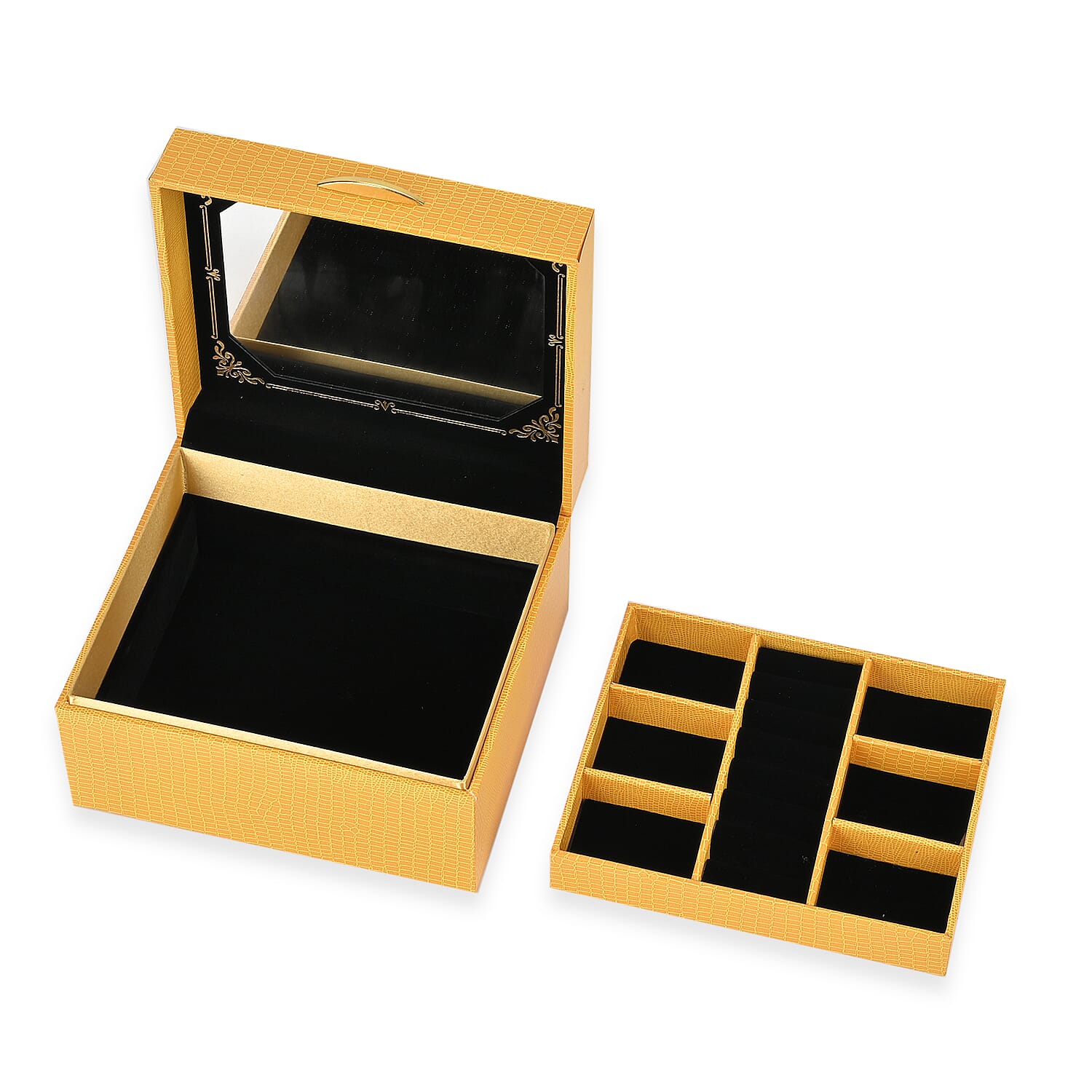 Leatherette Faux Lizard Skin Pattern 2 Layer Jewellery Box (Size 18x16x10 cm) - Yellow Leatherette Faux Lizard Skin Pattern 2 Layer Jewellery Box (Size 18x16x10 cm) - Yellow