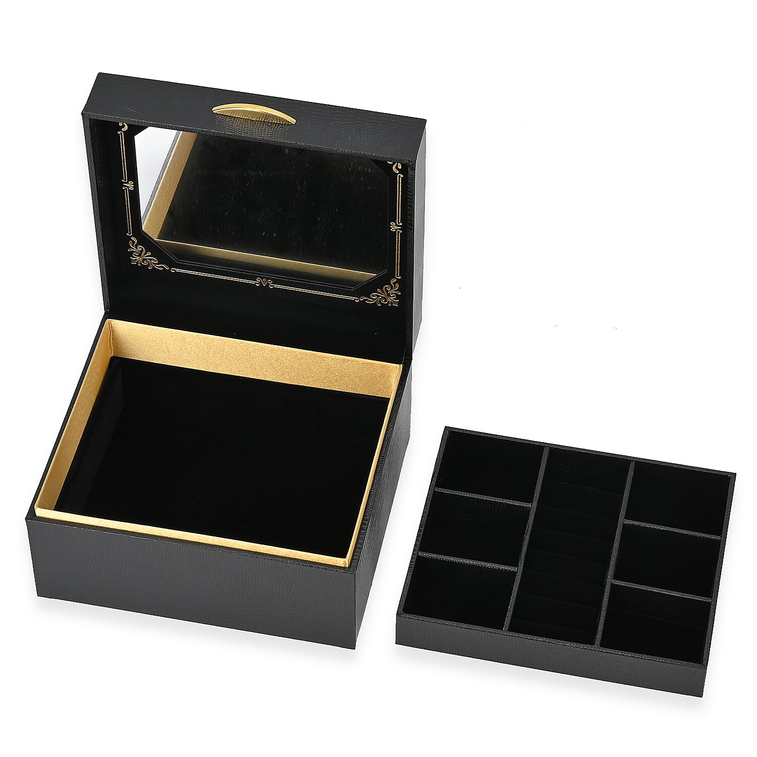 Leatherette Faux Lizard Skin Pattern 2 Layer Jewellery Box (Size 18x16x10 cm) - Black