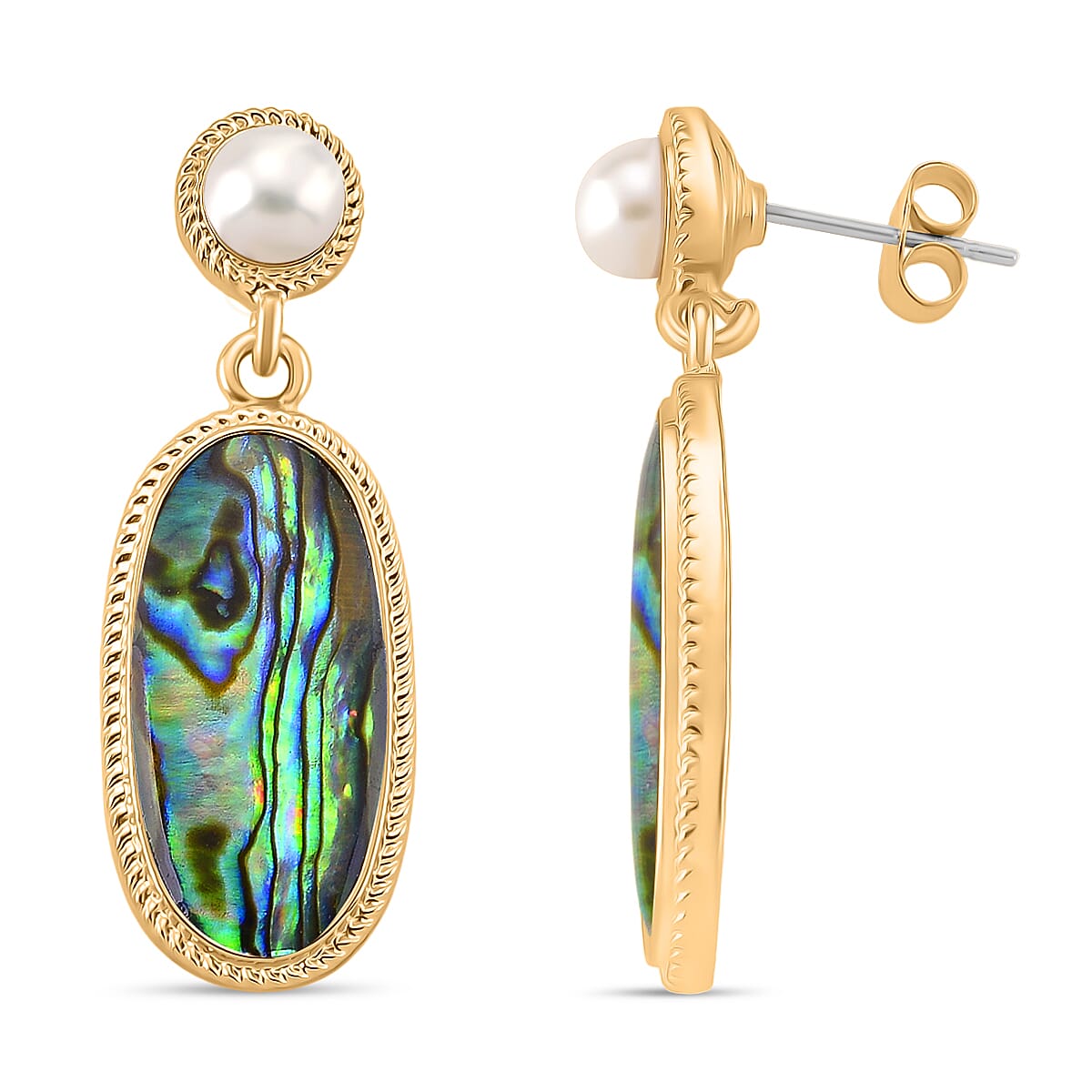 Abalone Shell and White Fresh Water Pearl Earring with Push Back