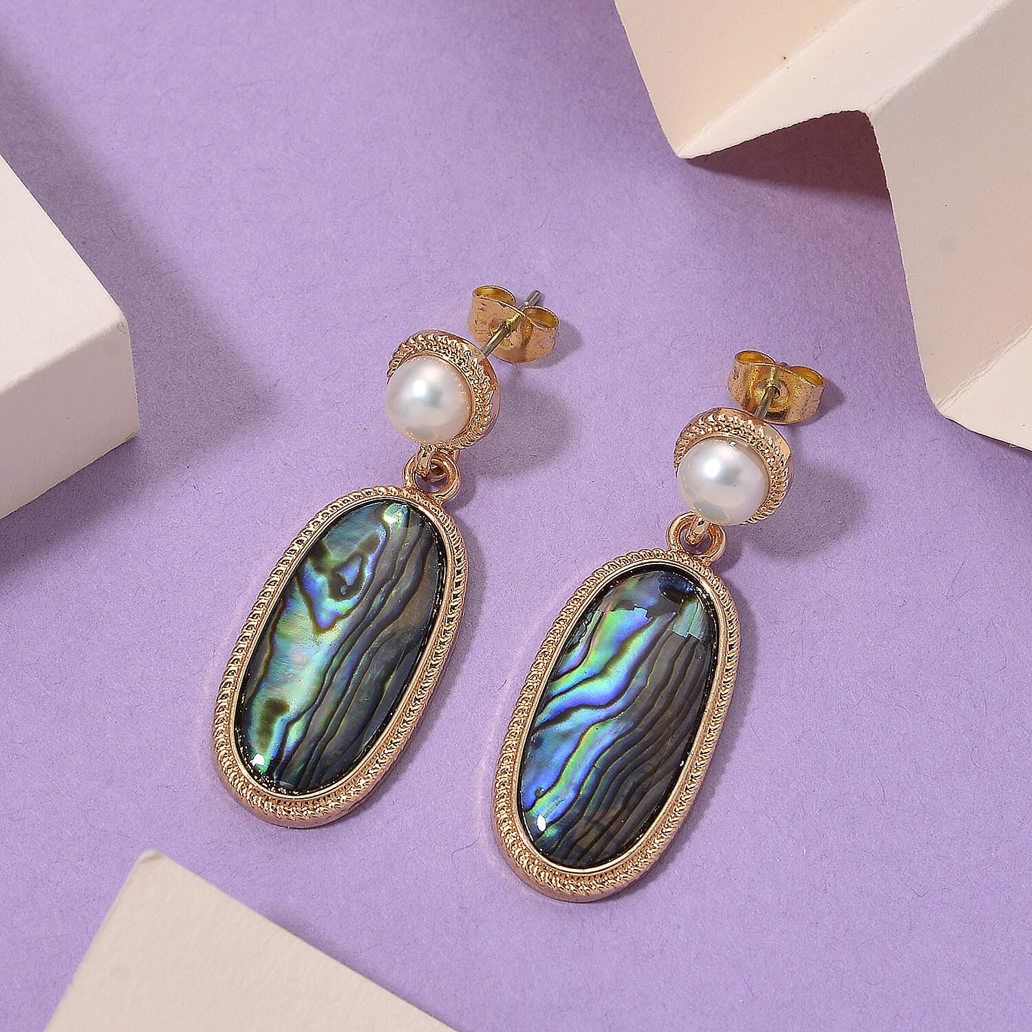 Abalone Shell and White Fresh Water Pearl Earring with Push Back