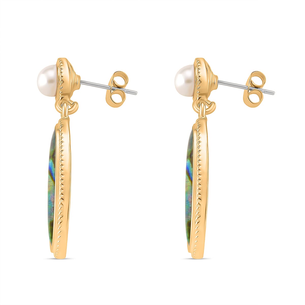 Abalone Shell and White Fresh Water Pearl Earring with Push Back