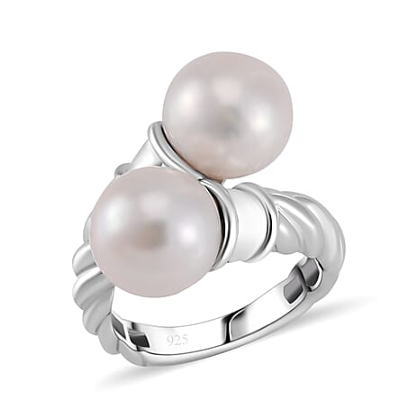 White Edison Pearl Bypass Ring in Rhodium Overlay Sterling Silver 16.16 Ct, Silver Wt. 5.5 Gms
