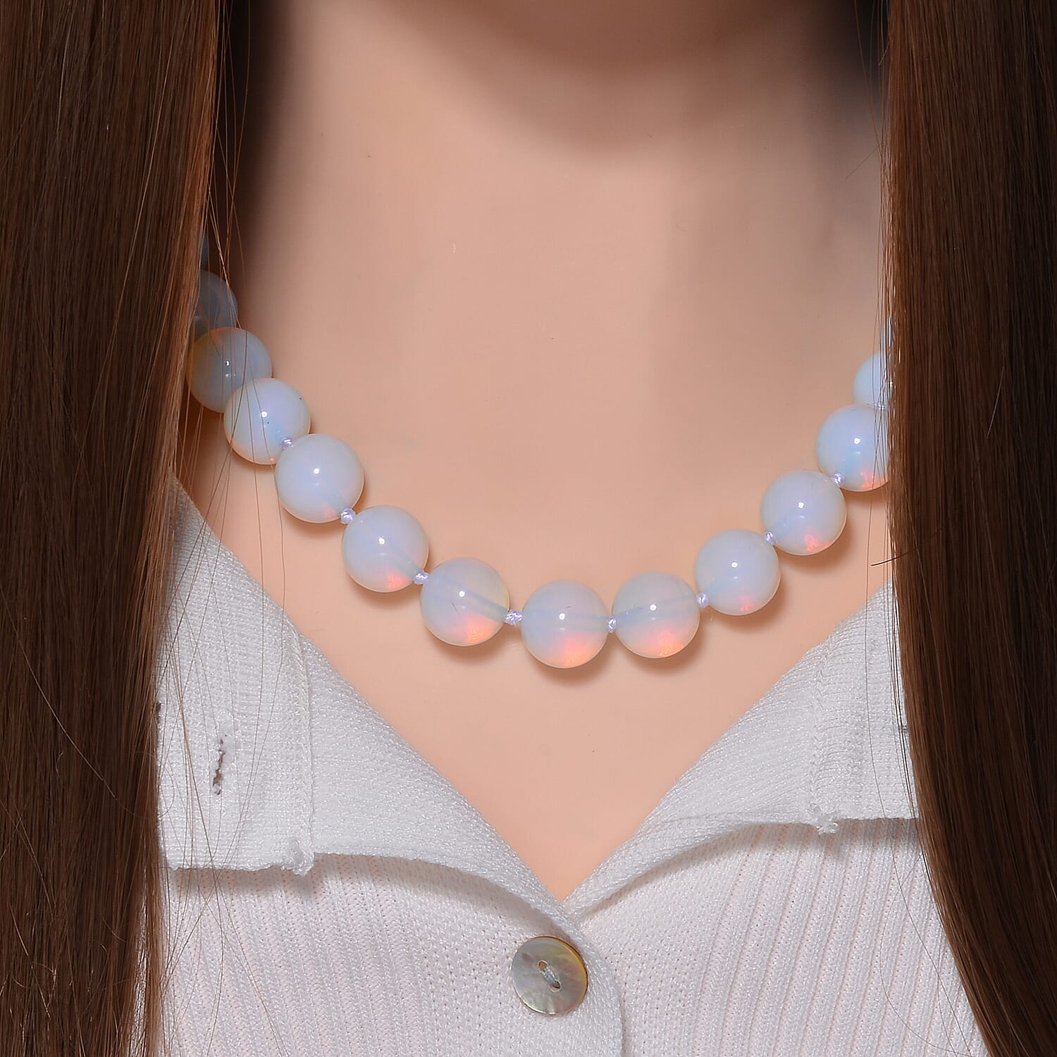 Opalite Beads Necklace in White Tone with Magnetic Lock (Size 20) 570.00 Ct.