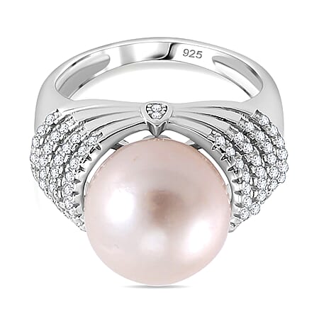 White Edison Pearl & Natural Zircon Ring in Rhodium Overlay Sterling Silver 14.76 Ct