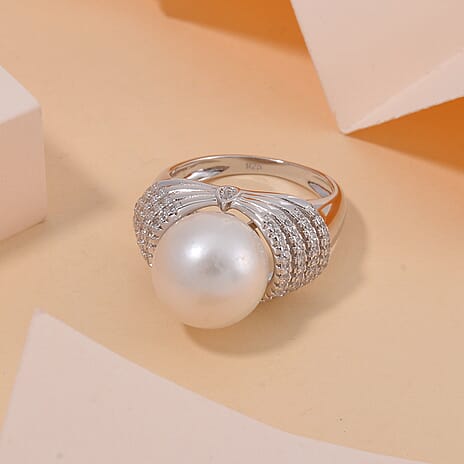 White Edison Pearl & Natural Zircon Ring in Rhodium Overlay Sterling Silver 14.76 Ct