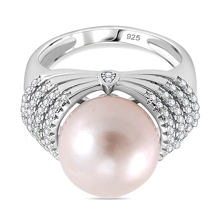 White Edison Pearl & Natural Zircon Ring in Rhodium Overlay Sterling Silver 14.76 Ct