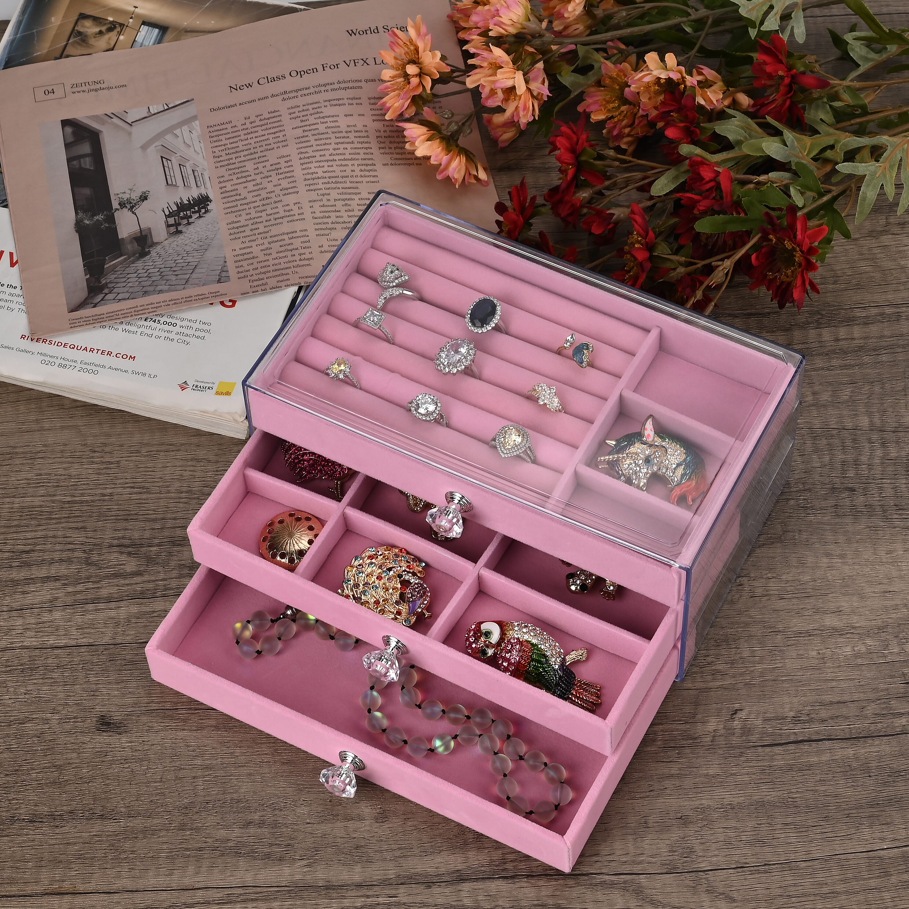 3 Layer Jewelry Organizer with Transparent Cover (Size 23x13x10cm) - Pink & Grey