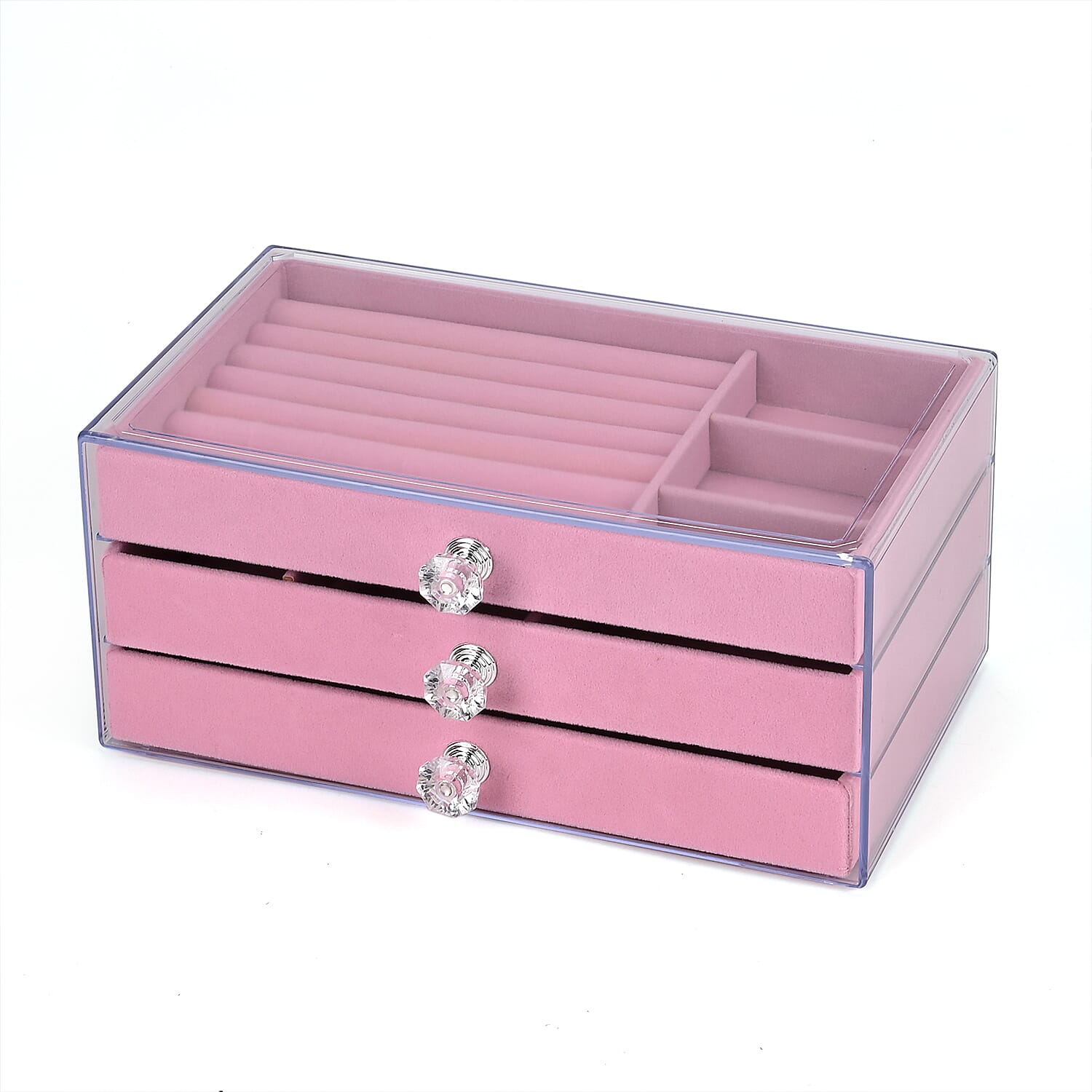 3 Layer Jewelry Organizer with Transparent Cover (Size 23x13x10cm) - Pink & Grey