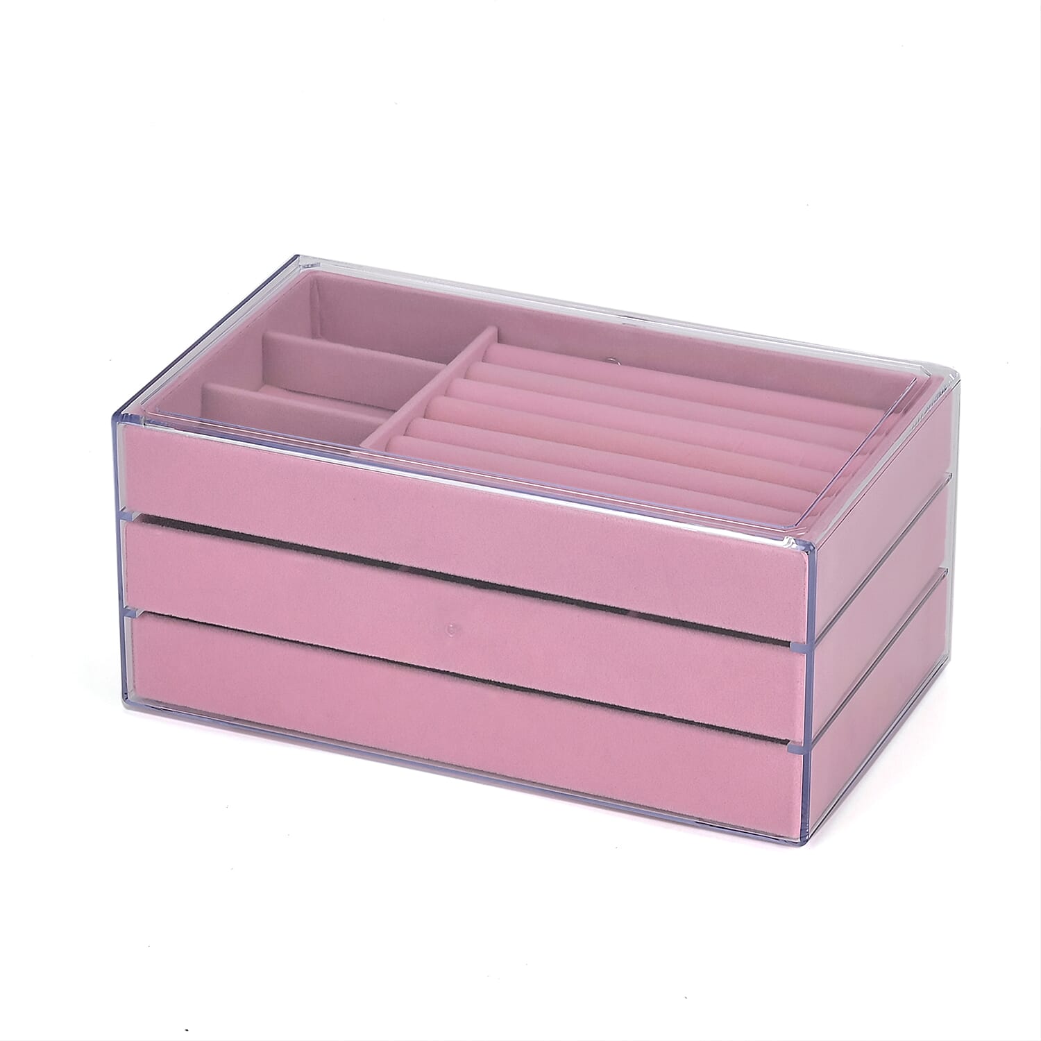3 Layer Jewelry Organizer with Transparent Cover (Size 23x13x10cm) - Pink & Grey