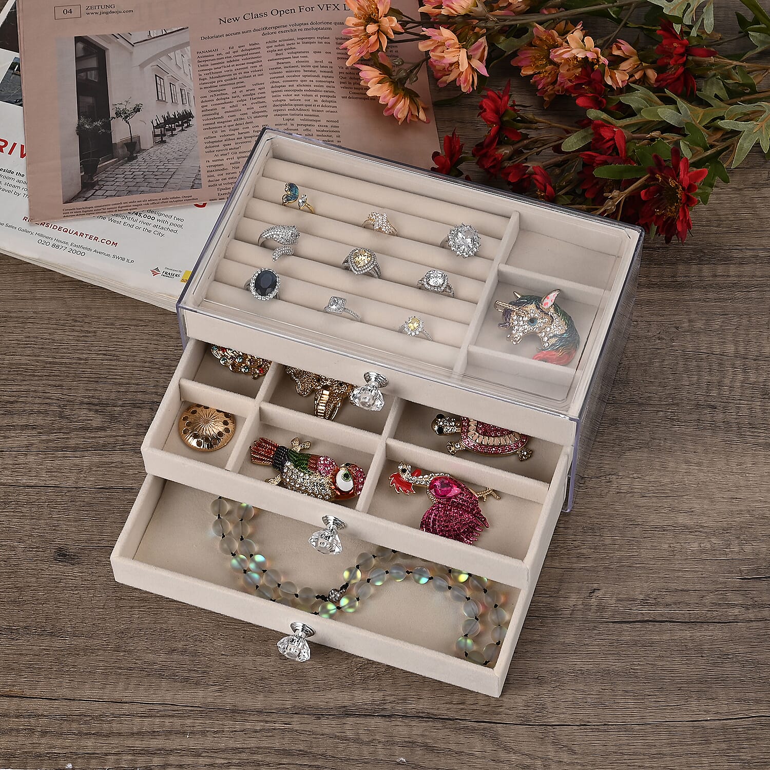 Patterned Jewellery Organiser (Size 23x13x10 cm) - Cream & Gray