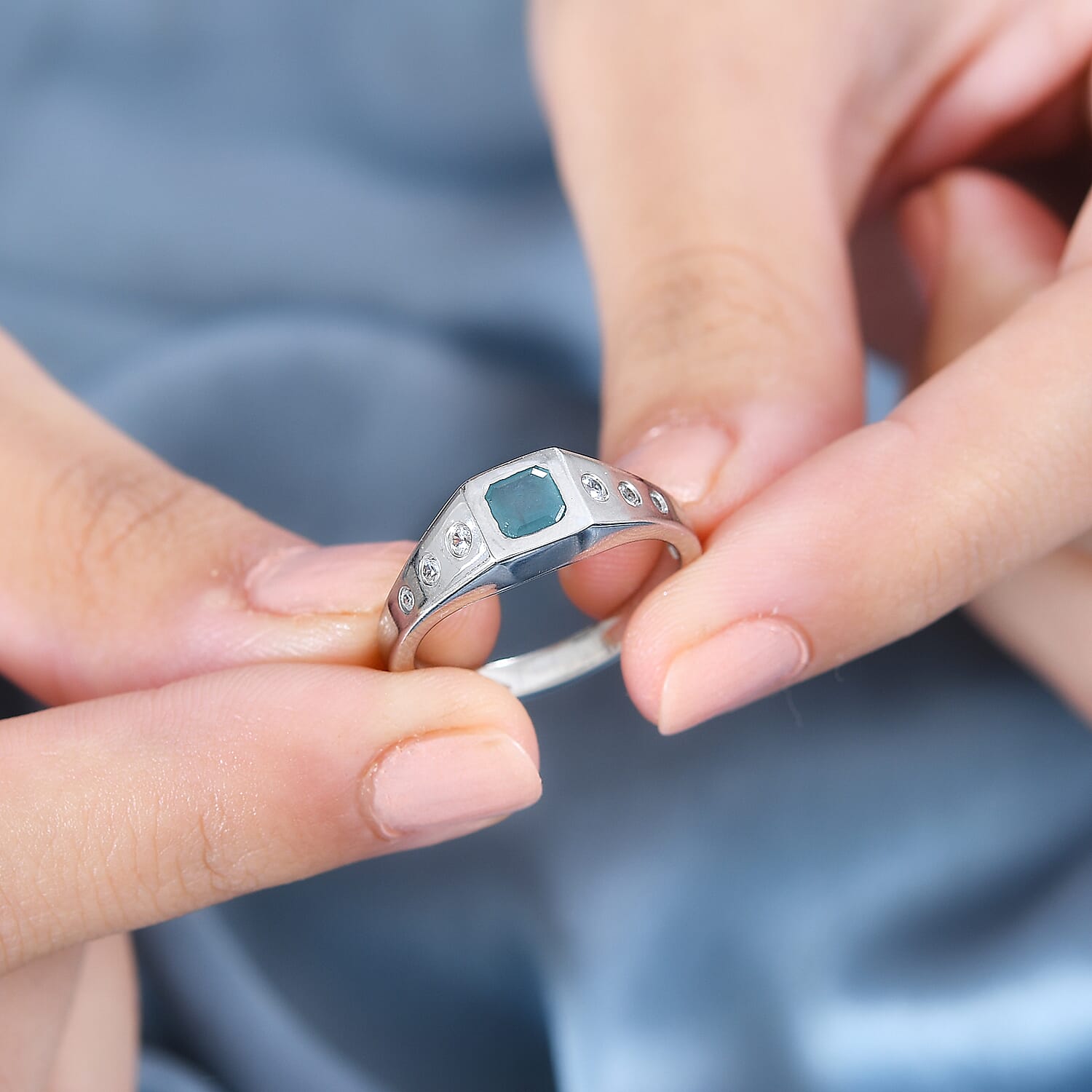 Grandidierite & Natural Zircon 7 Stone Ring in Rhodium Overlay Sterling Silver