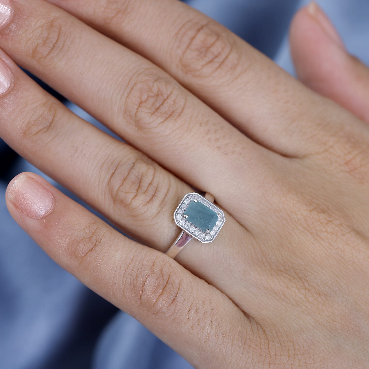 Grandidierite & Moissanite Halo Ring in Rhodium Overlay Sterling Silver 1.25 Ct.