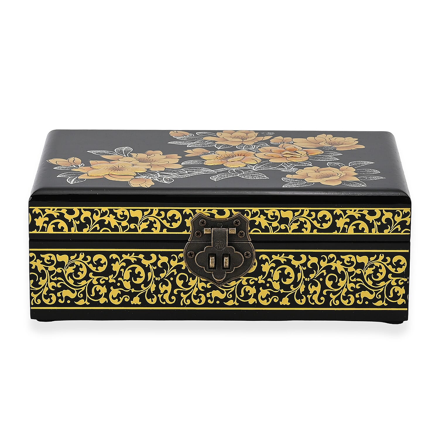 2 - Layer Begonia Pattern Jewellery Box with Inside Mirror and Removable Tray (Size 21x14x7.5 Cm) - Black