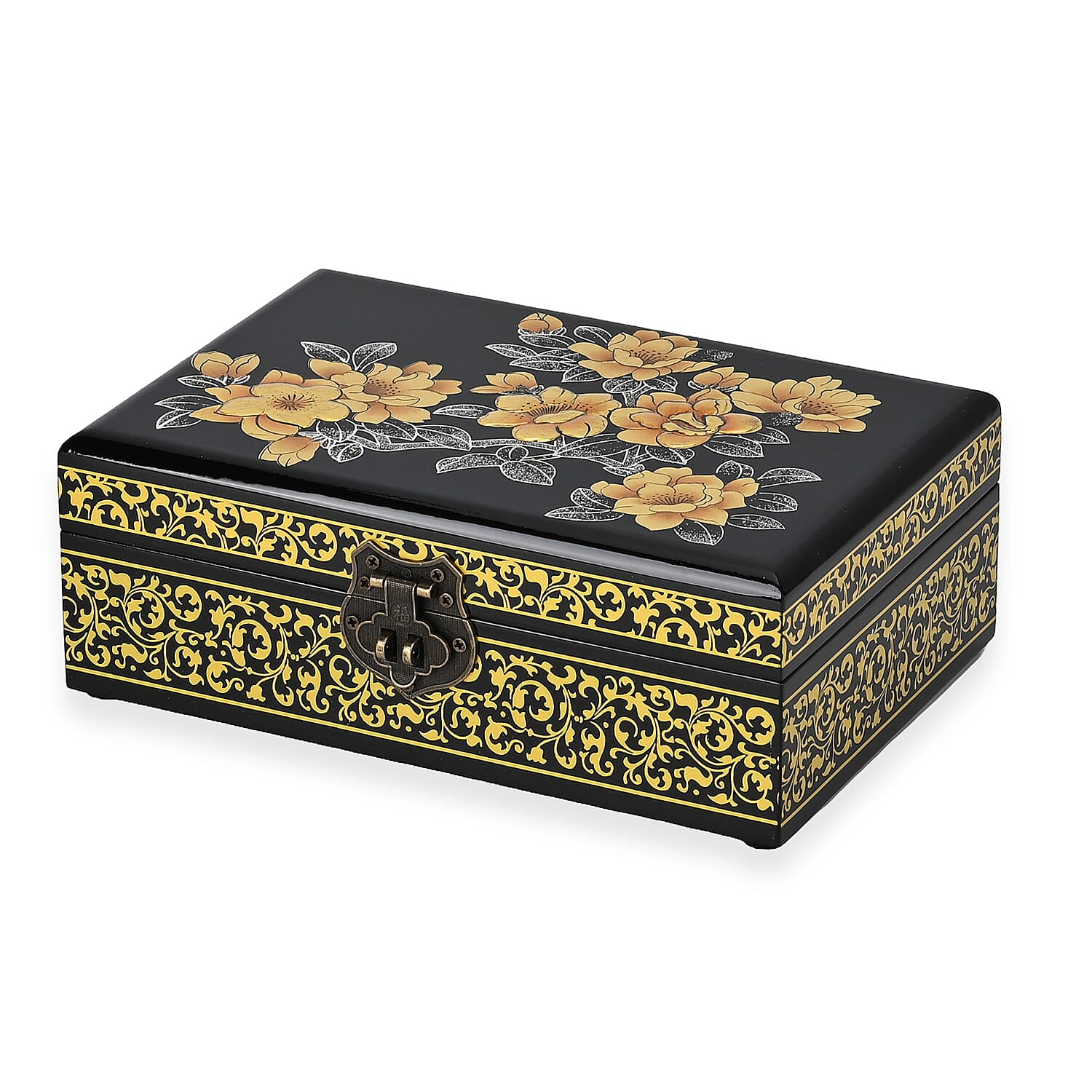 2 - Layer Begonia Pattern Jewellery Box with Inside Mirror and Removable Tray (Size 21x14x7.5 Cm) - Black