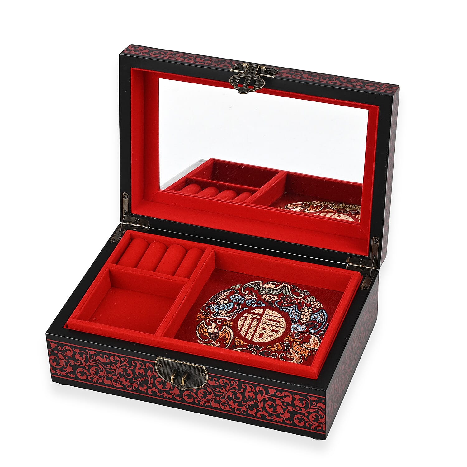 2 - Layer Peony Pattern Jewellery Box with Inside Mirror and Removable Tray (Size 21x14x7.5 Cm) - Red