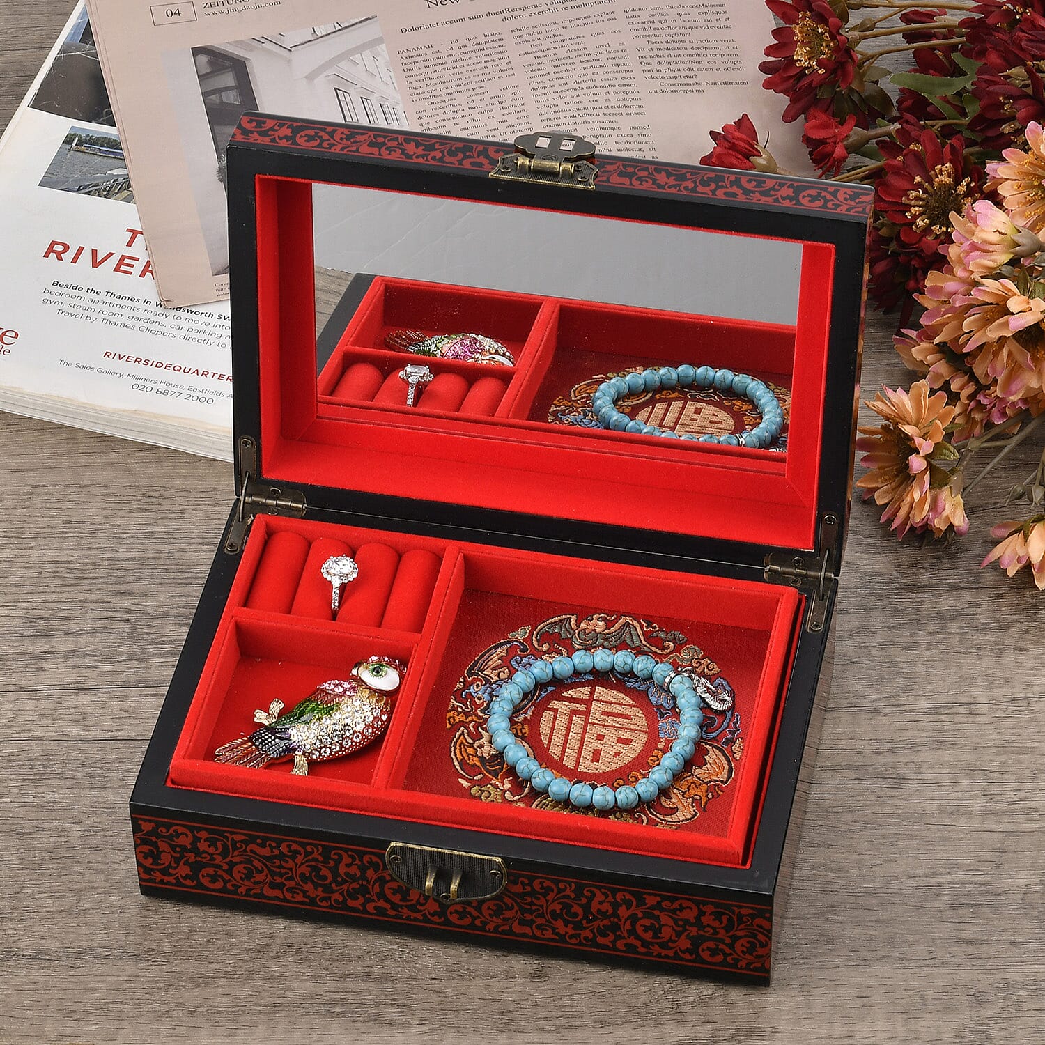 2 - Layer Peony Pattern Jewellery Box with Inside Mirror and Removable Tray (Size 21x14x7.5 Cm) - Red