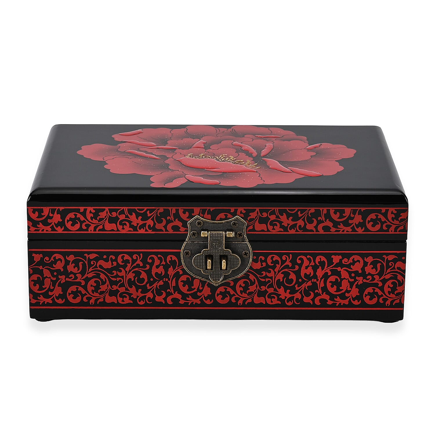 2 - Layer Peony Pattern Jewellery Box with Inside Mirror and Removable Tray (Size 21x14x7.5 Cm) - Red