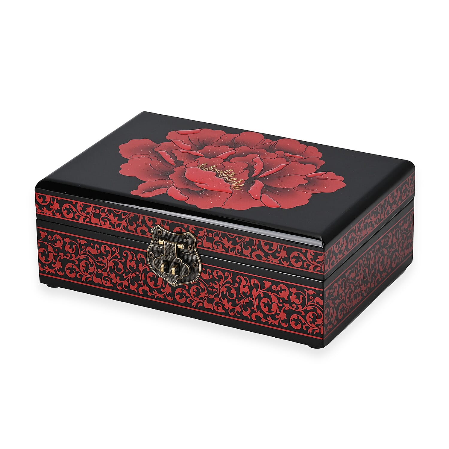 2 - Layer Peony Pattern Jewellery Box with Inside Mirror and Removable Tray (Size 21x14x7.5 Cm) - Red