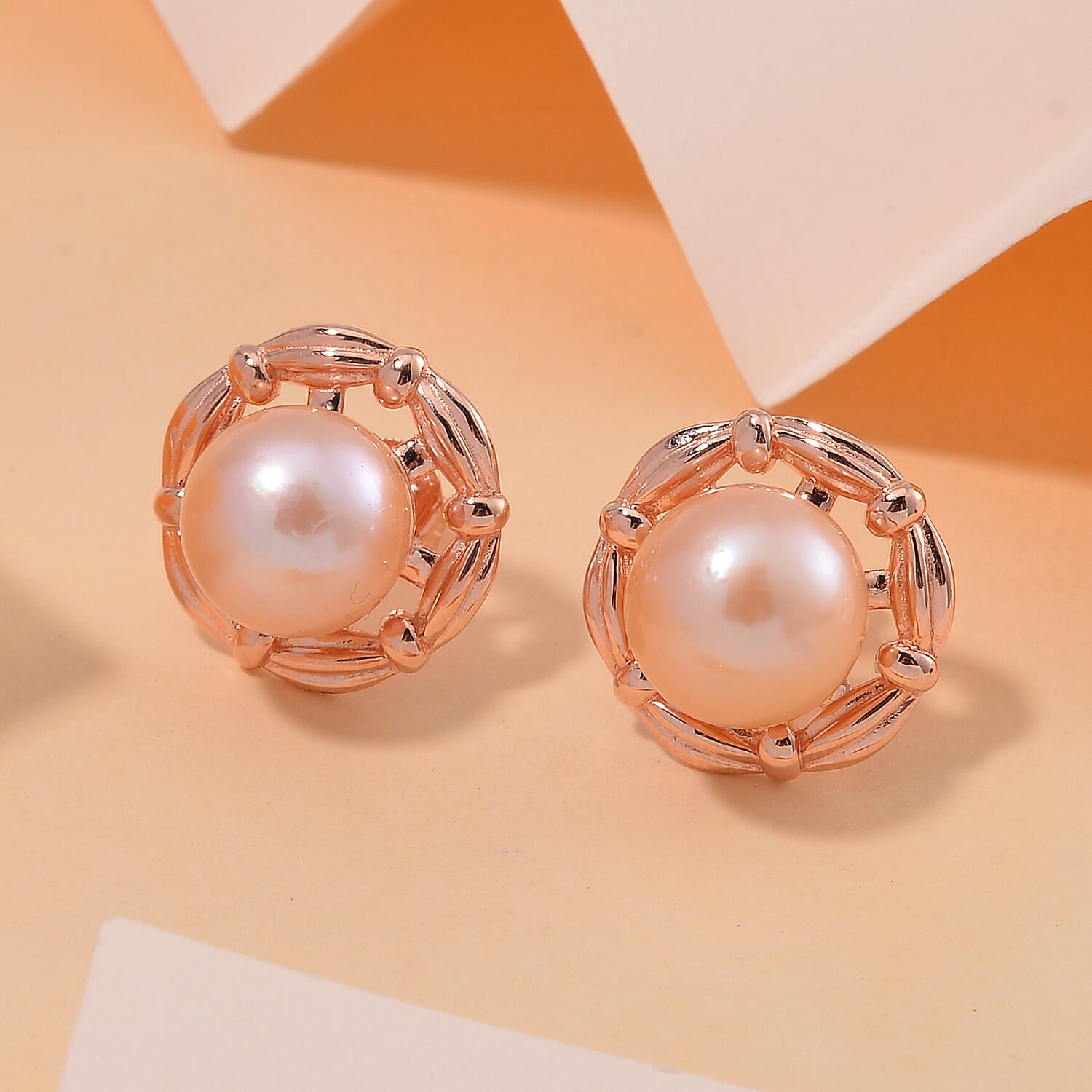 Peach Edison Solitaire Stud Push Post Earring in 18K Vermeil Rose Gold Plated Sterling Silver