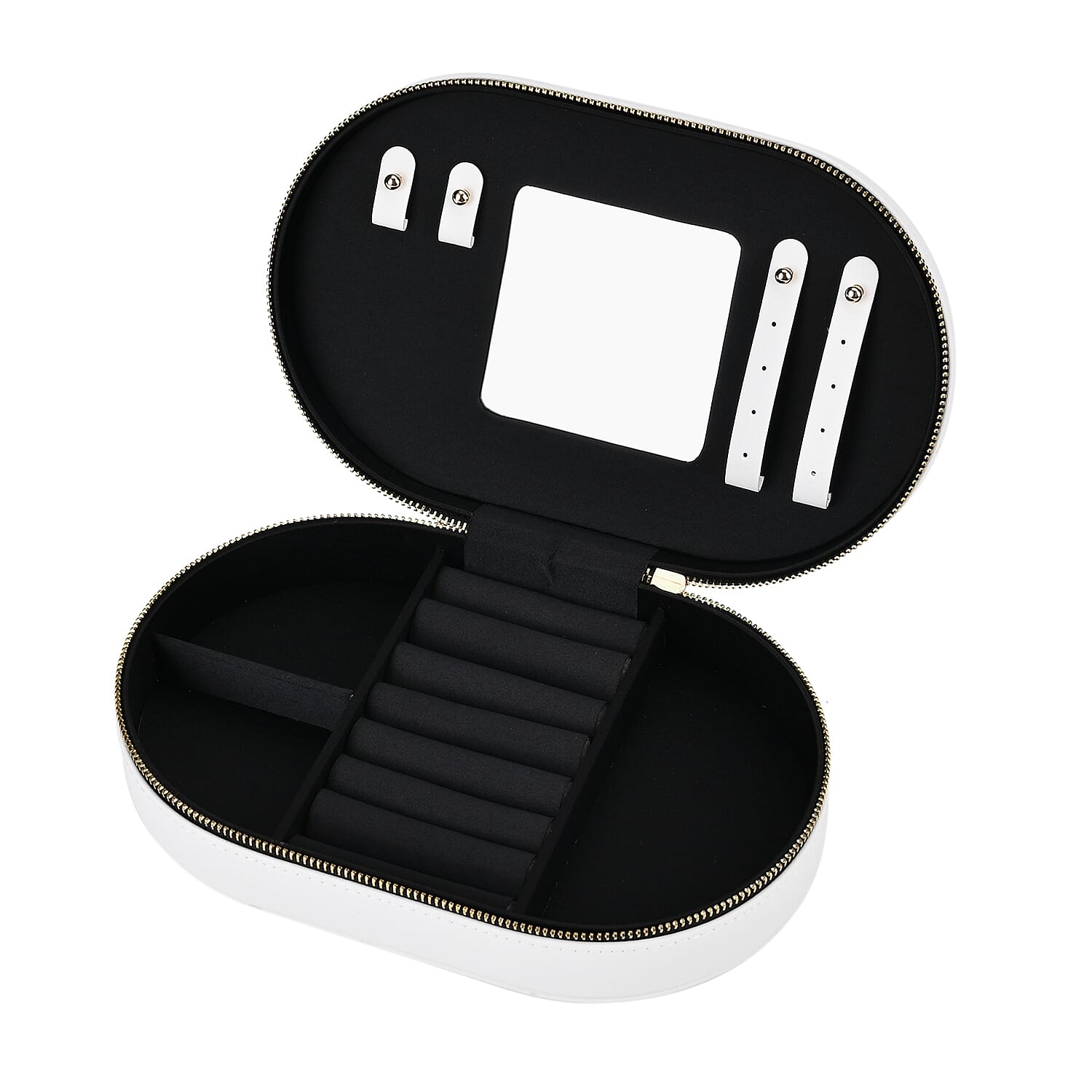 Leatherette Oval Shape Jewellery Organizer with Black Velvet Lining  - White