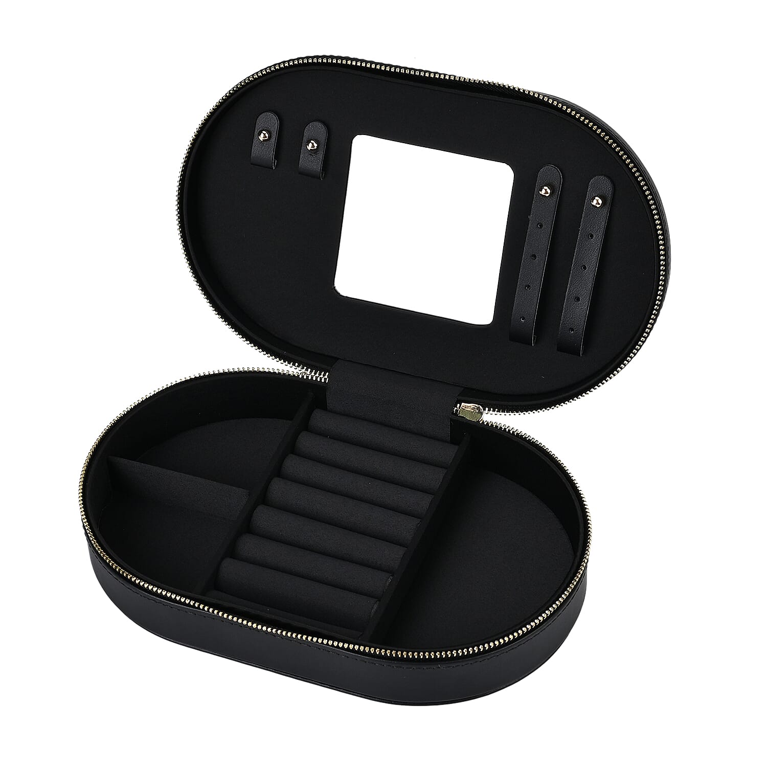 Leatherette Oval Shape Jewellery Organizer with Black Velvet Lining  - Black