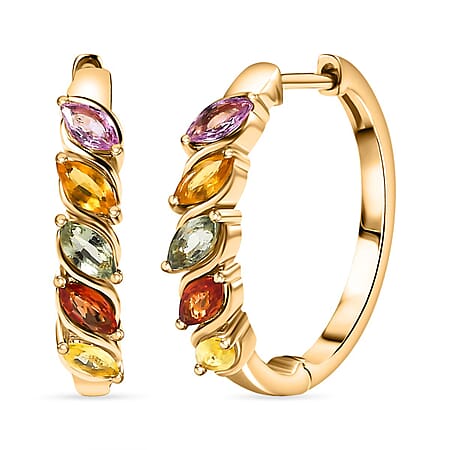 Rainbow Sapphire Hoop Earrings in 18K Yellow Gold Vermeil Plated Sterling Silver 1.76 Ct