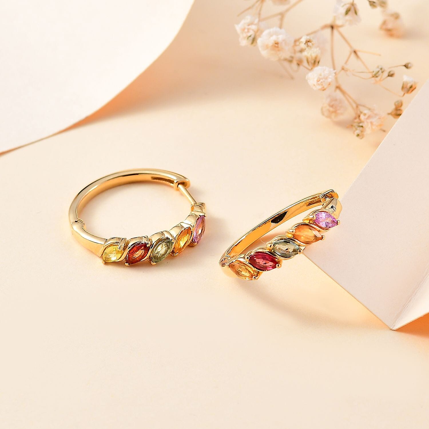 Rainbow Sapphire Huggies Earrings in 18K YG Vermeil Plated Sterling Silver 1.76 Ct