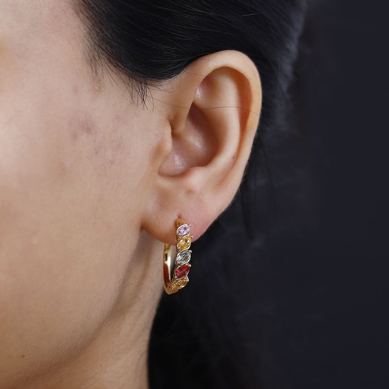 Rainbow Sapphire Huggies Earrings in 18K YG Vermeil Plated Sterling Silver 1.76 Ct