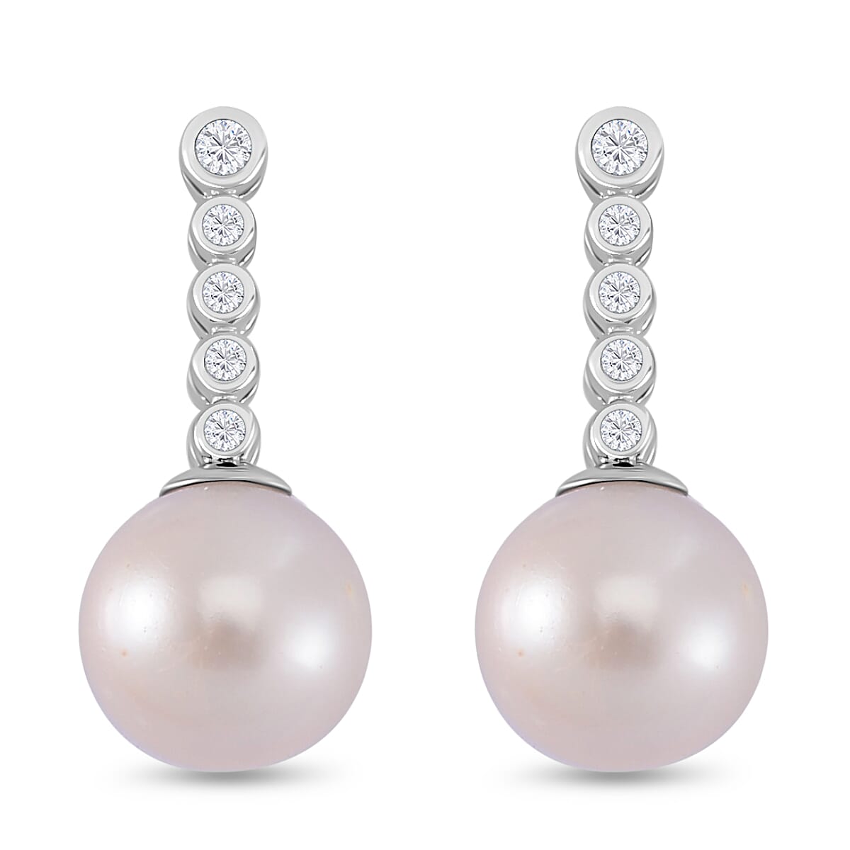 White Edison Pearl & Natural Zircon Dangle Earrings in Rhodium Overlay Sterling Silver 14.78 Ct