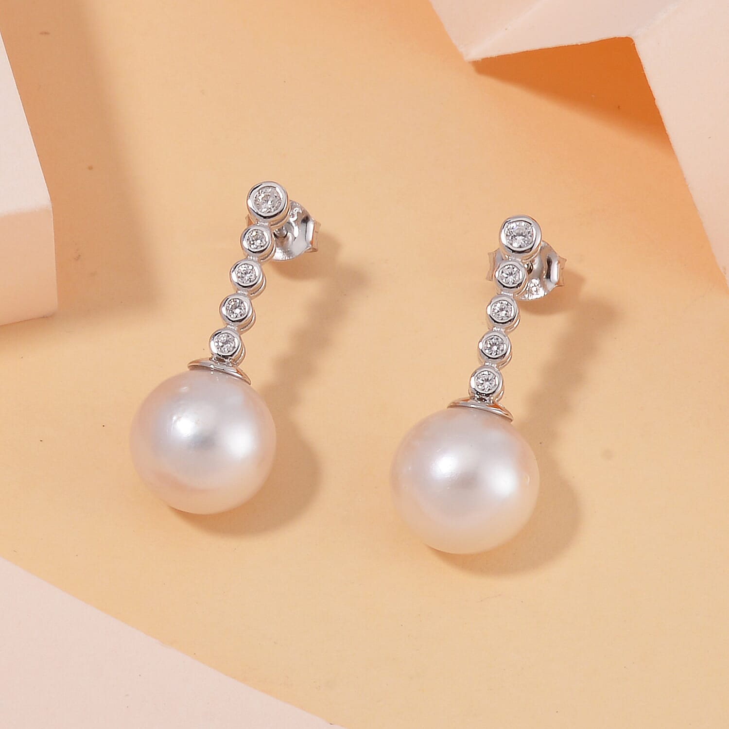White Edison Pearl & Natural Zircon Dangle Earrings in Rhodium Overlay Sterling Silver 14.78 Ct