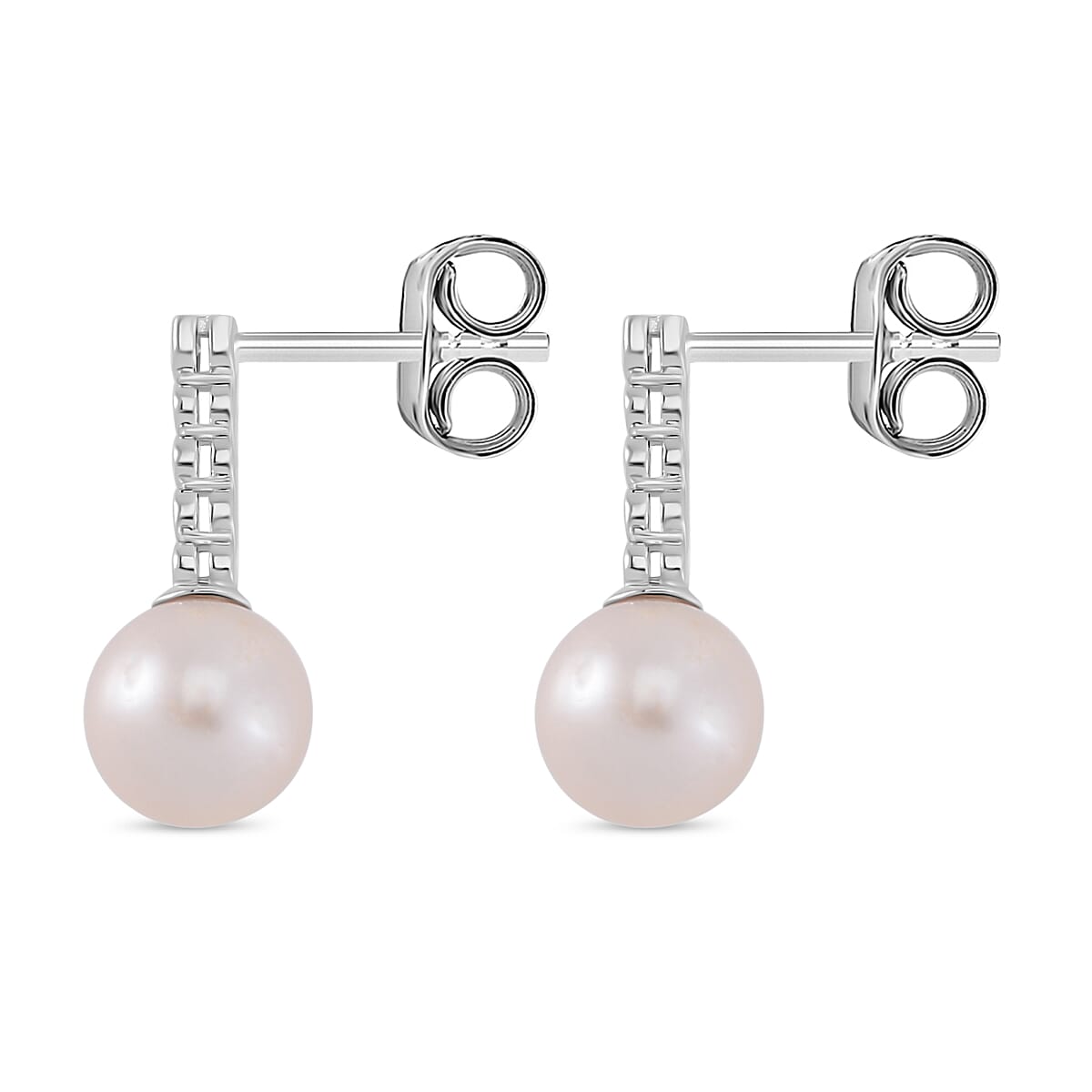 White Edison Pearl & Natural Zircon Dangle Earrings in Rhodium Overlay Sterling Silver 14.78 Ct