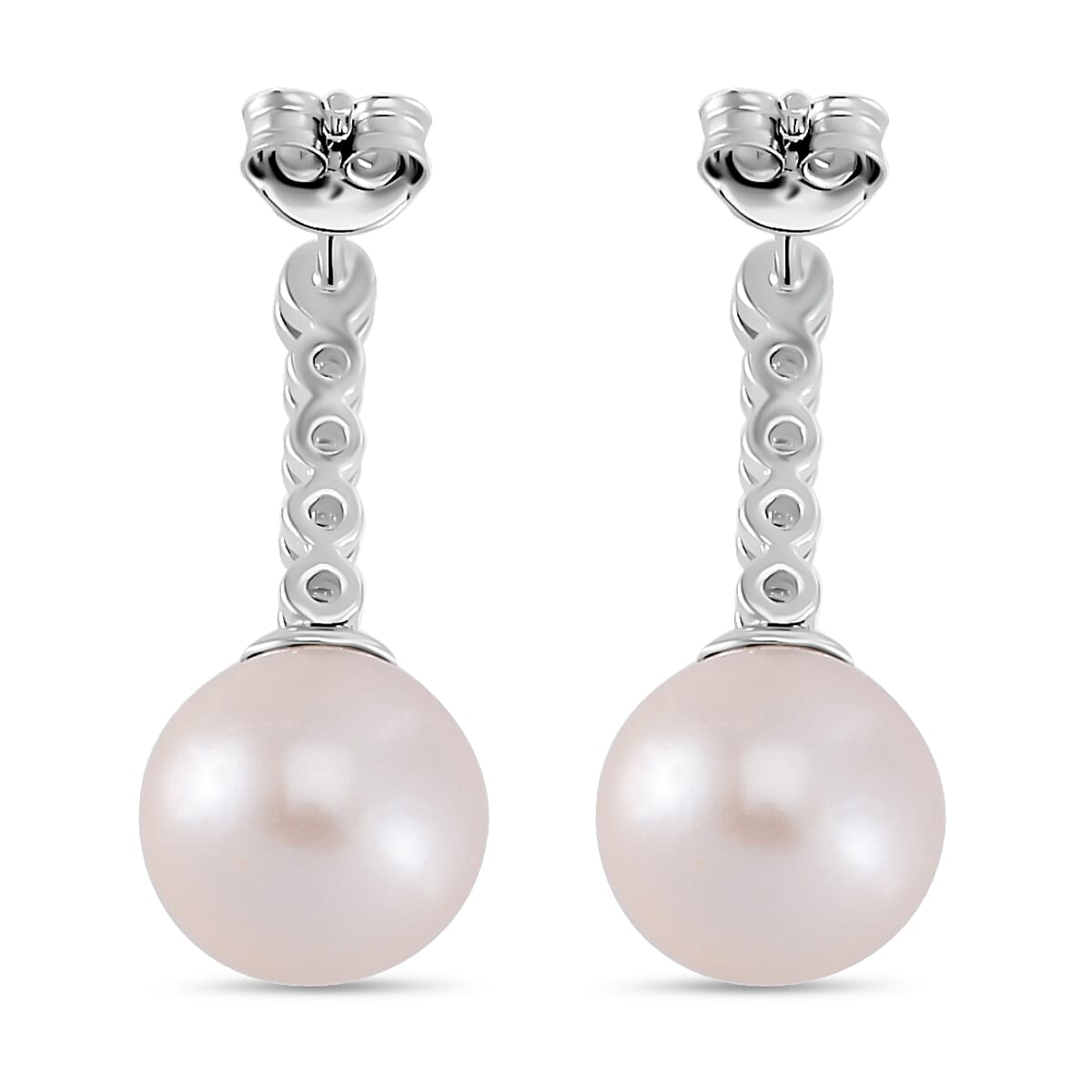 White Edison Pearl & Natural Zircon Dangle Earrings in Rhodium Overlay Sterling Silver 14.78 Ct
