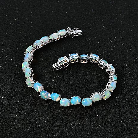 Wegeltena Ethiopian Welo Opal Tennis Bracelet (Size - 7.5) in Rhodium Overlay Sterling Silver 19.20 Ct, Silver Wt. 11.76 Gms