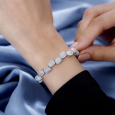 Wegeltena Ethiopian Welo Opal Tennis Bracelet (Size - 7.5) in Rhodium Overlay Sterling Silver 19.20 Ct, Silver Wt. 11.76 Gms
