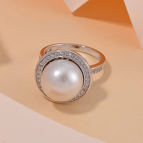 White Edison Pearl & Natural Zircon Ring in Rhodium Overlay Sterling Silver 10.68 Ct.