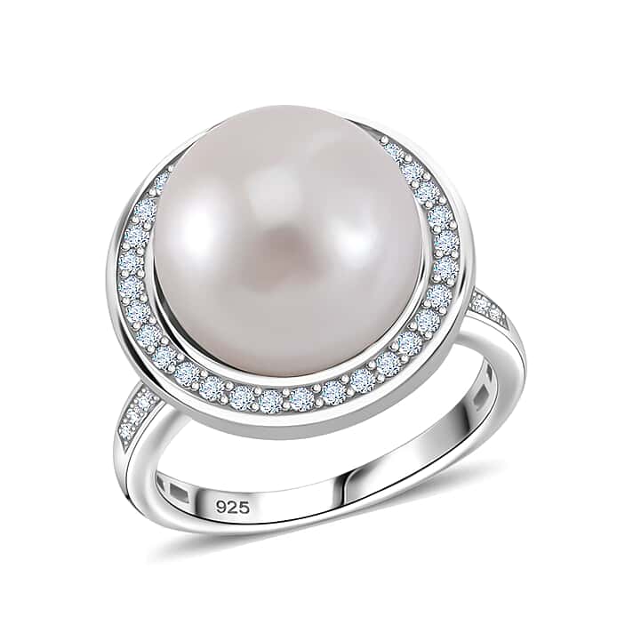 White Edison Pearl & Natural Zircon Ring in Rhodium Overlay Sterling Silver 10.68 Ct.