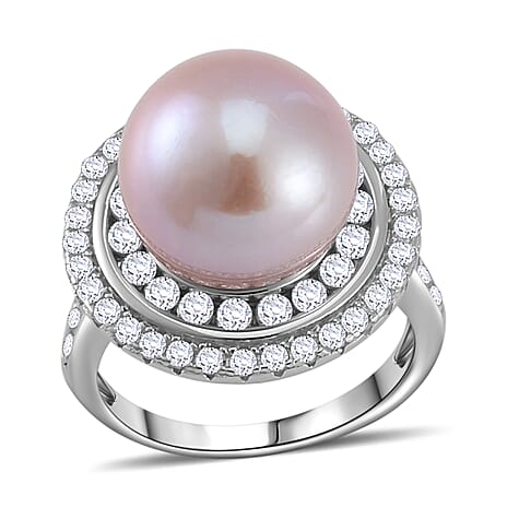 Lavender Pearl & Natural Zircon Ring in Rhodium Overlay Sterling Silver 9.74 Ct, Silver Wt. 5 Gms