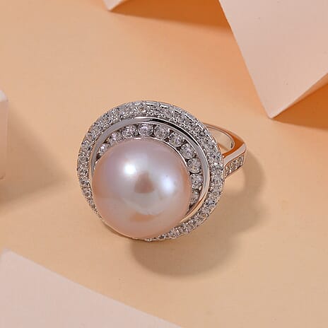 Lavender Pearl & Natural Zircon Ring in Rhodium Overlay Sterling Silver 9.74 Ct, Silver Wt. 5 Gms
