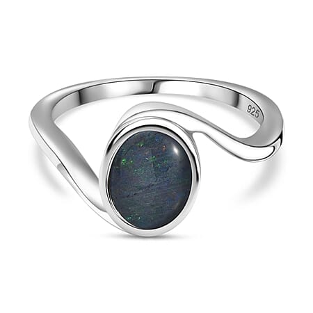 Boulder Opal Triplet Solitaire Ring in Rhodium Overlay Sterling Silver