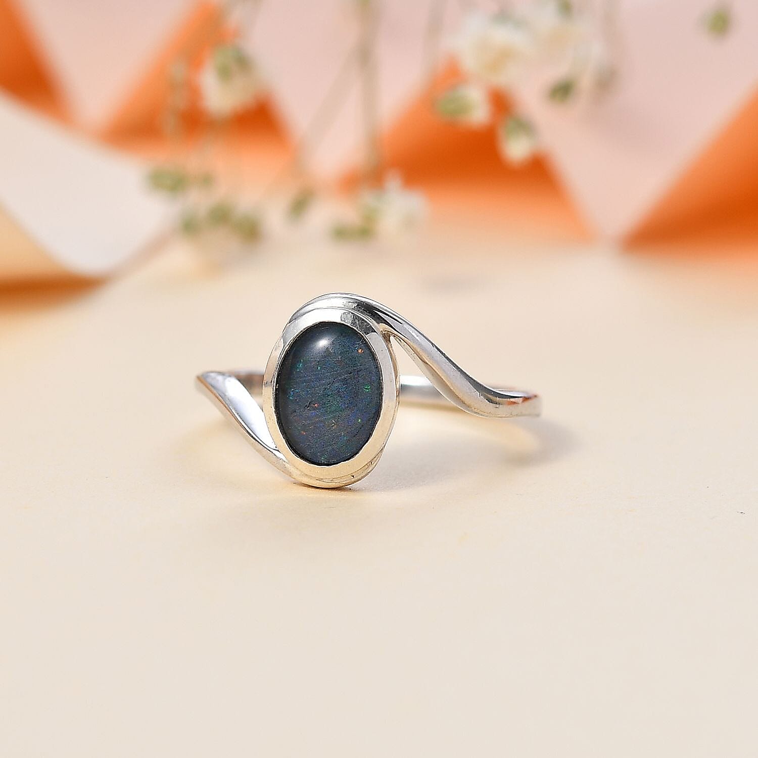 Boulder Opal Triplet Solitaire Ring in Rhodium Overlay Sterling Silver